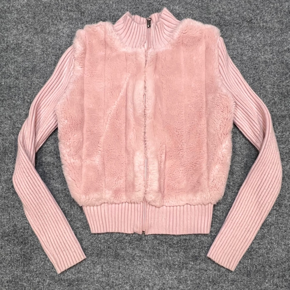 Faux Fur Front Zip Cardigan Womens M Pink Good Ribbed Knit Mock Neck SM Fit